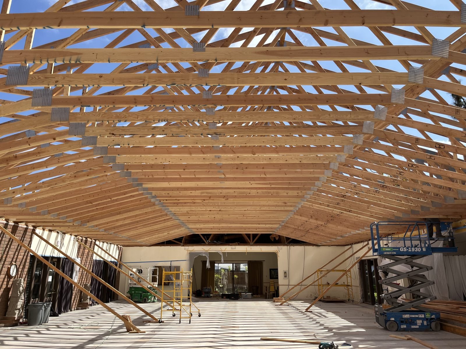 New wood roof trusses over a community building