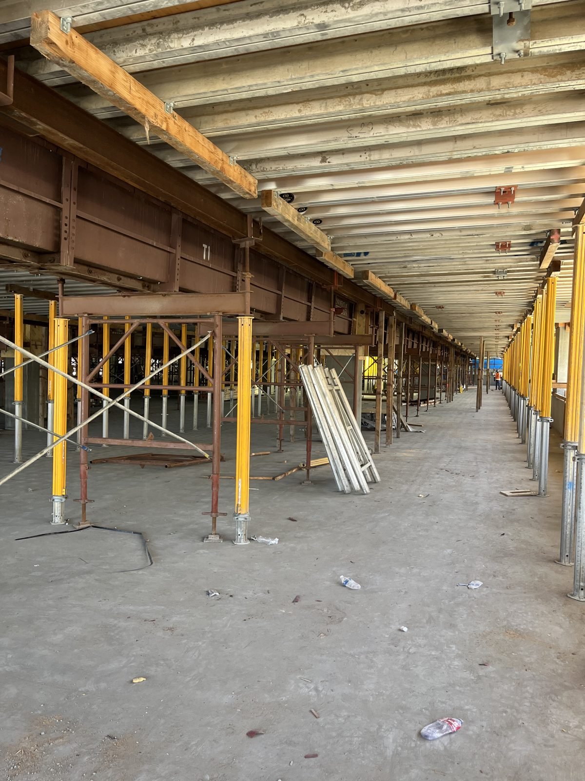 Shoring towers under an elevated concrete deck at the new San Diego airport terminal